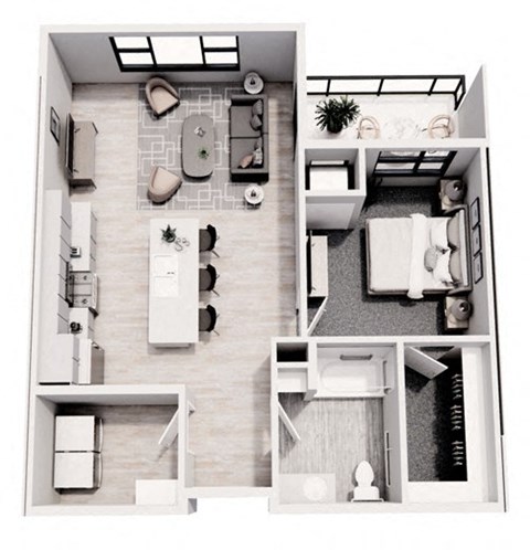 A black and white image of a floor plan of a small apartment.